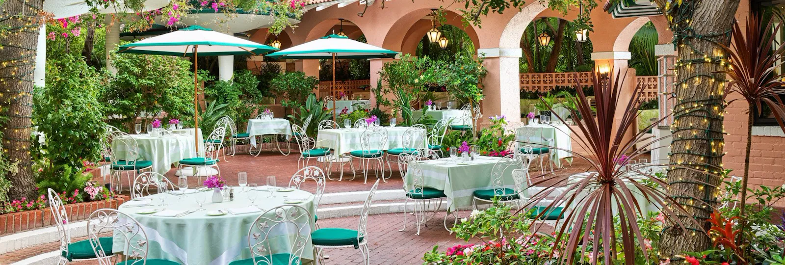The Polo Lounge exterior terrace at The Beverly Hills Hotel, Los Angeles