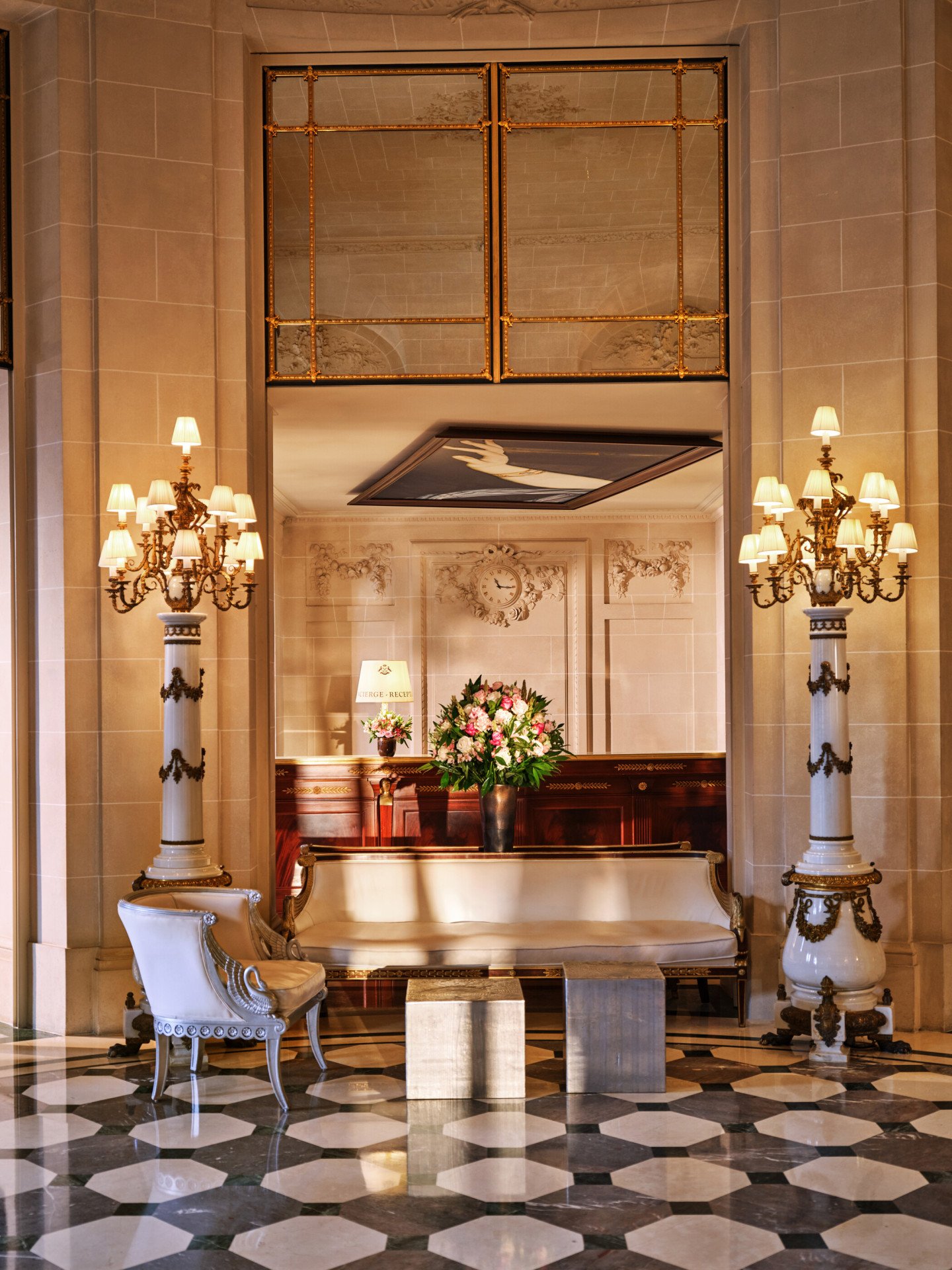 View from the main entrance of the front desk in the lobby at Le Meurice, Paris - Dorchester Collection