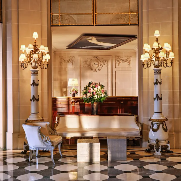 View from the main entrance of the front desk in the lobby at Le Meurice, Paris - Dorchester Collection