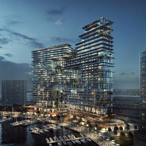 CGI of The Lana exterior building facade at night time, Dubai