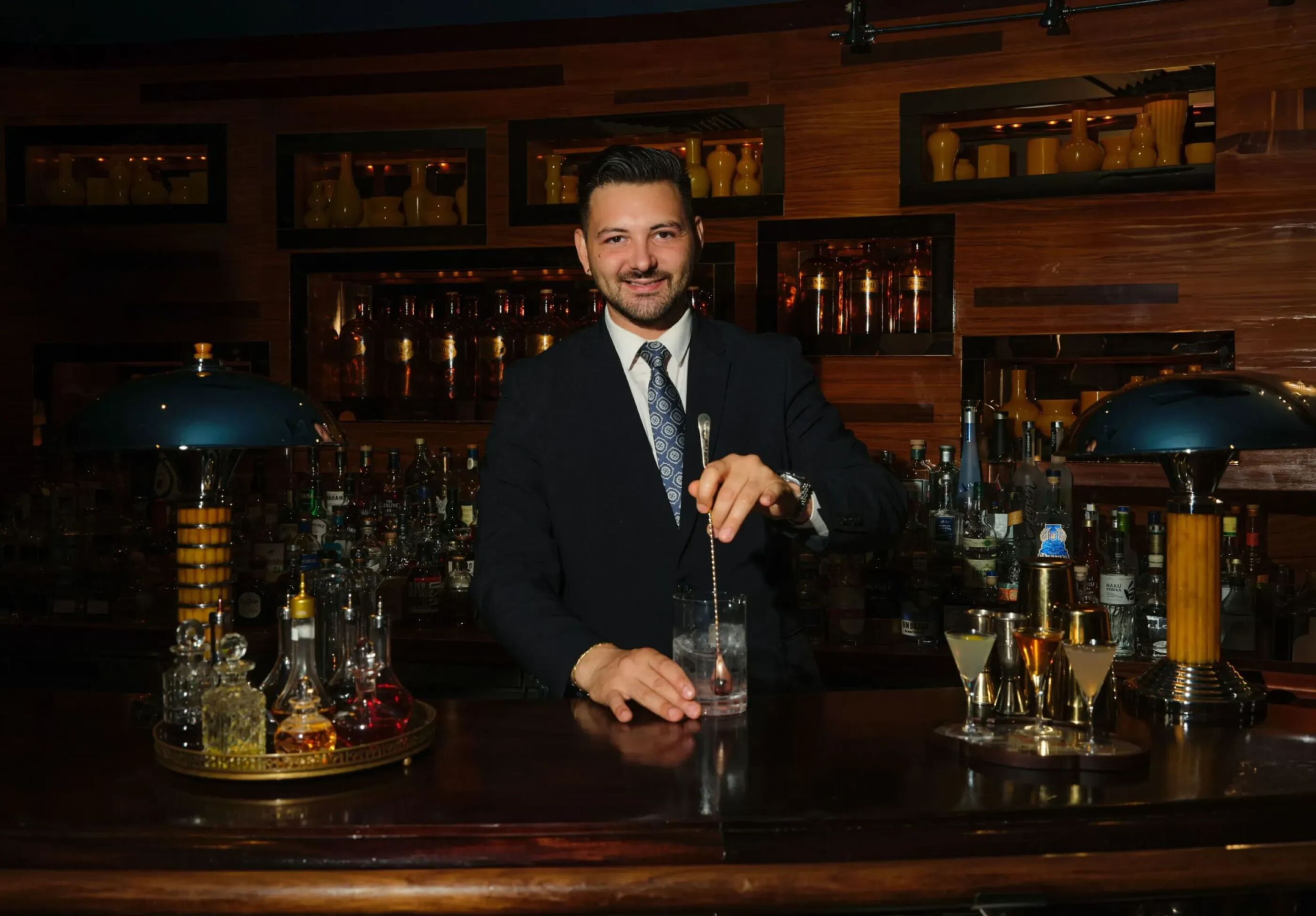 Bar & Cocktails at China Tang at The Dorchester in rich, moody lighting 