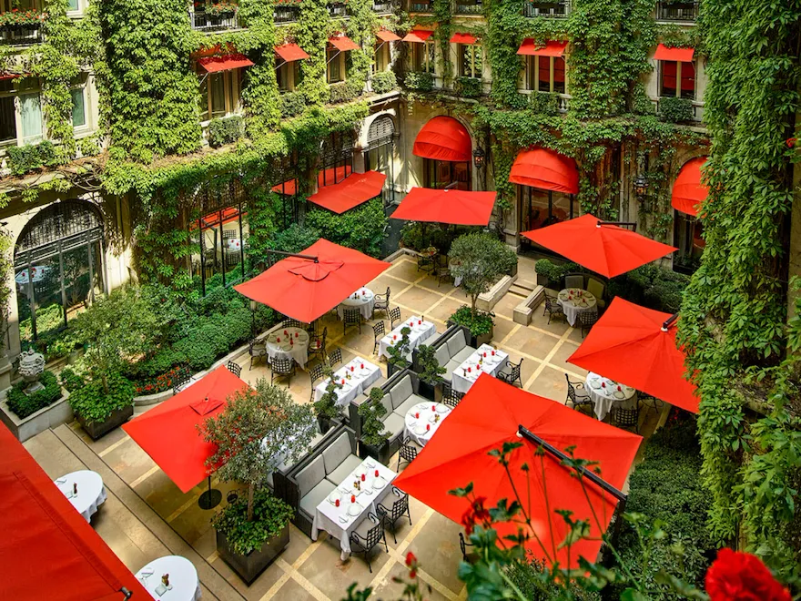 Cour luxuriante aux murs recouverts de lierre et aux auvents rouge vif, avec des tables en plein air sous des parasols rouges. L'ambiance est animée et accueillante.