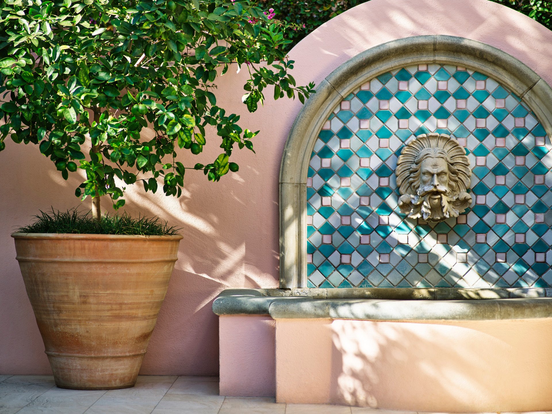 Marble and stone fountain on Hotel Bel-Air's grounds