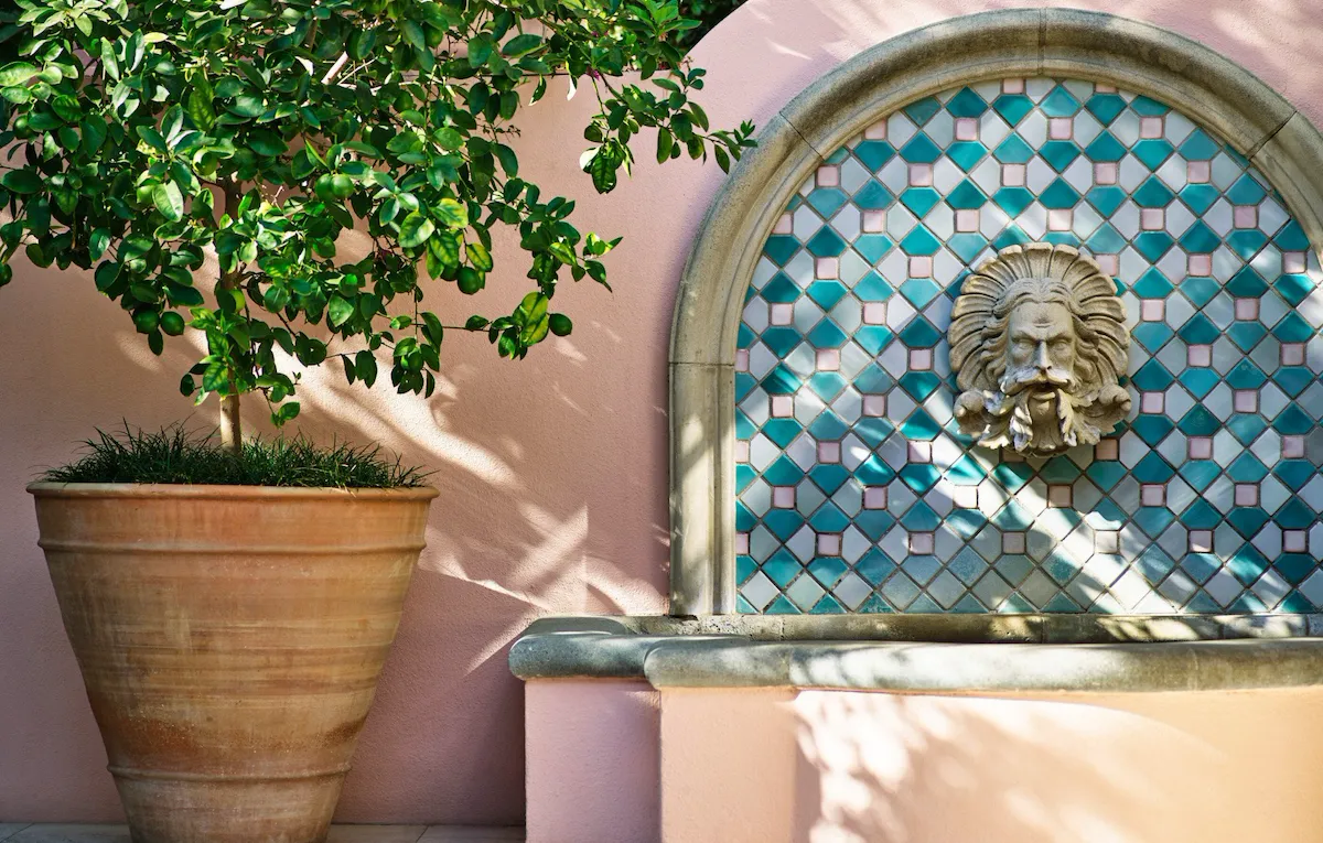 Marble and stone fountain on Hotel Bel-Air's grounds