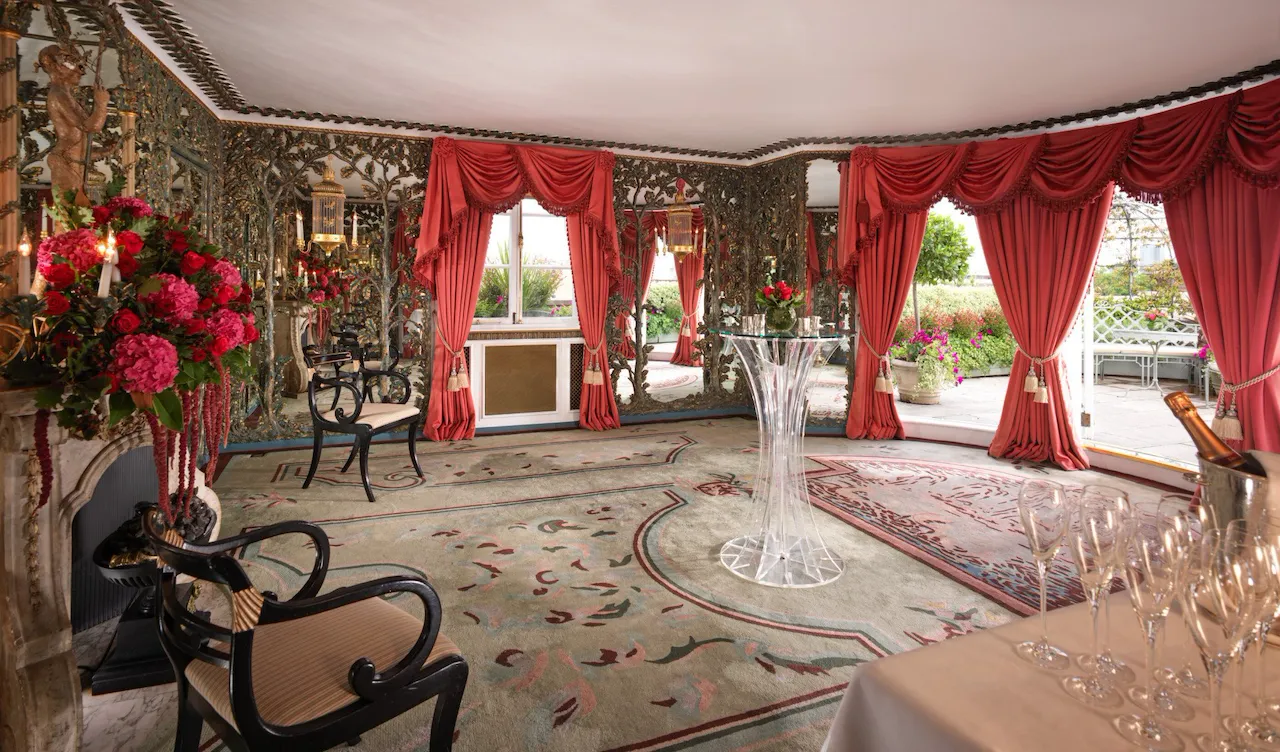 The Dorchester Penthouse & Pavilion cocktail reception overlooking the terrace and water fountain