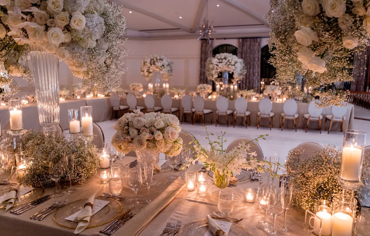 All white elegant wedding décor in garden ballroom at Hotel Bel-Air