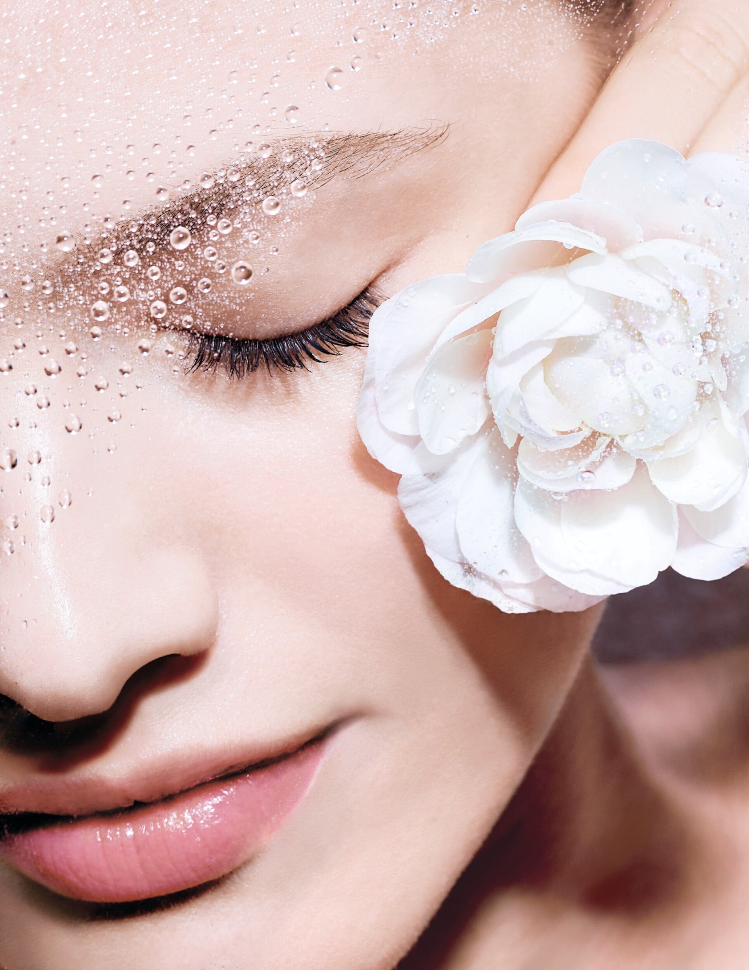 Photo of a nude face with the eyes closed and a white rose.