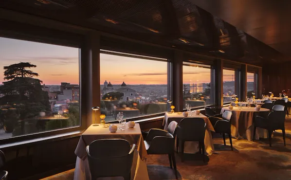 Panoramic view of La Terrazza rooftop restaurant at sunset