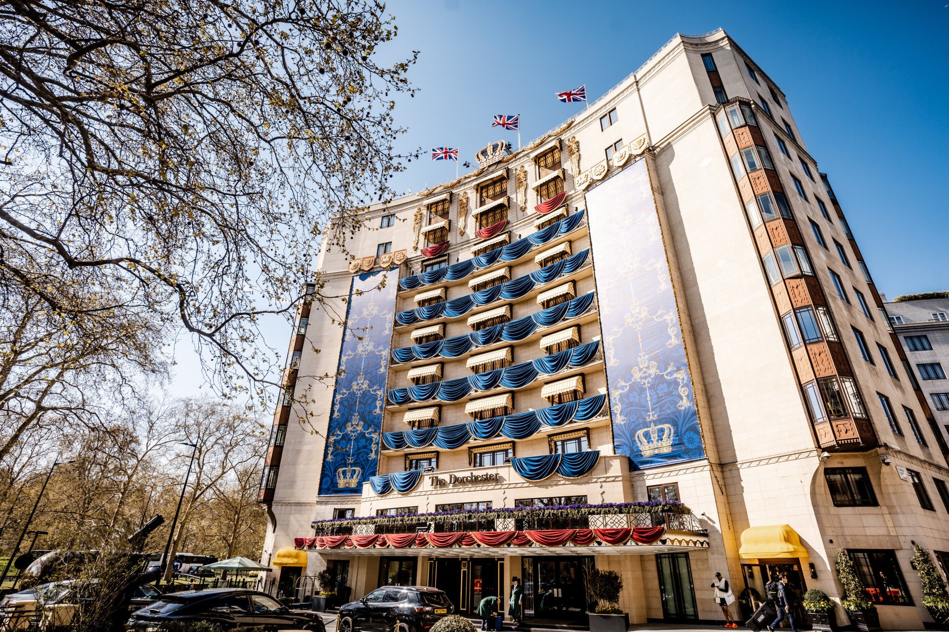 The Dorchester Facade decorated for the Coronation of His Majesty King Charles III