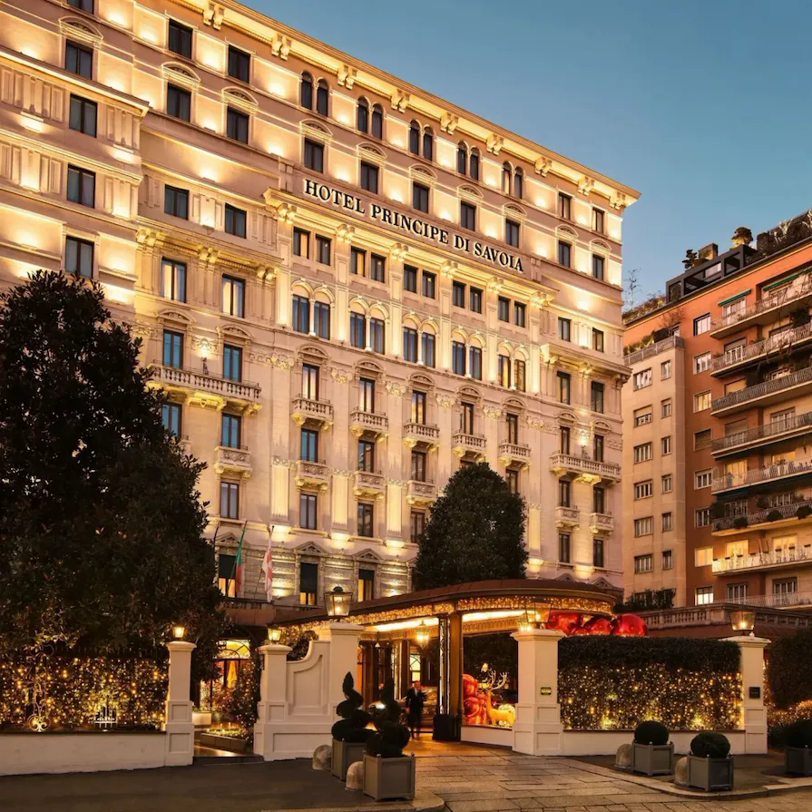 Hotel Facade with Christmas Lights