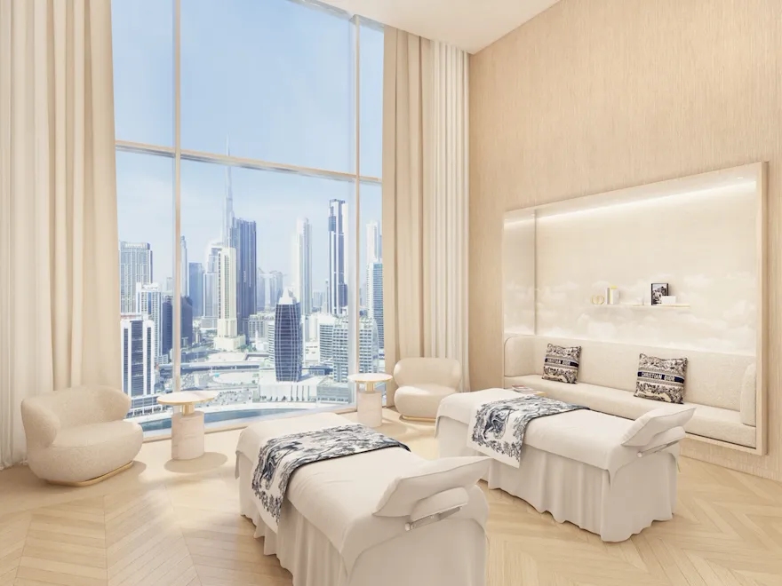 Images picturing Dior Spa treatment, gym rooms and Dior Cabanas at the Lana, Dubai, Dorchester Collection with views of the Dubai Skyline.