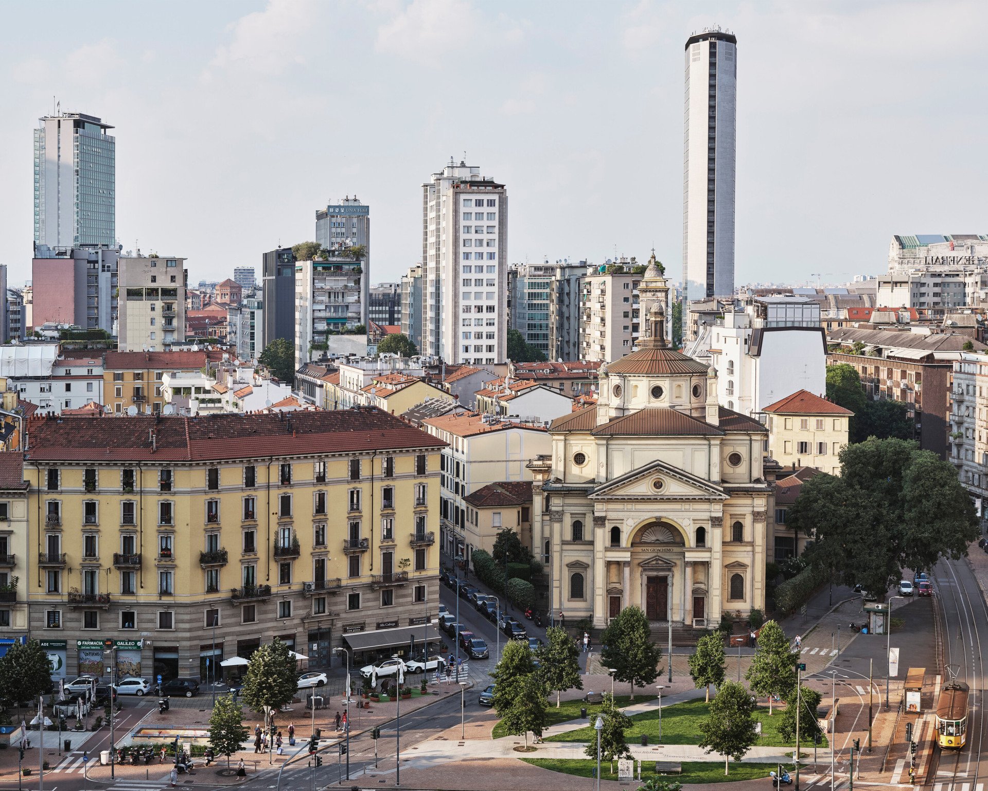 Panoramic view from the Hotel Principe di Savoia Terrace overlooking Piazza San Gioachimo and the Pirelli Tower 