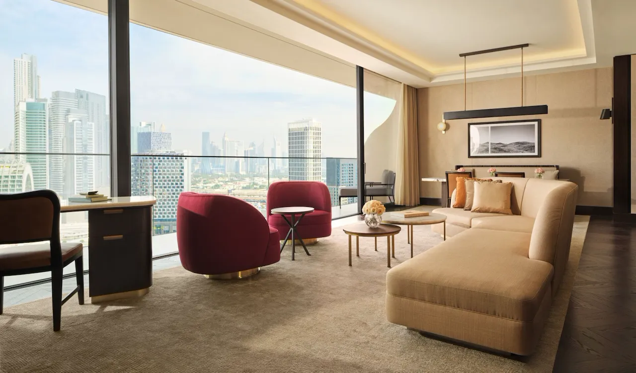 Images depicting The Lana Suite including living spaces, wardrobe and bathroom at The Lana, Dorchester Collection, Dubai.