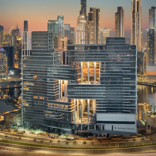 View of The Lana hotel exterior with the Burj Khalifa in the background