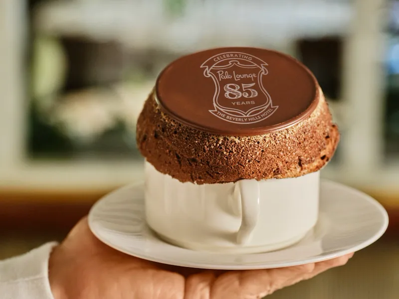 Hand holding a plate with a cake featuring a chocolate topping with a 85th anniversary logo