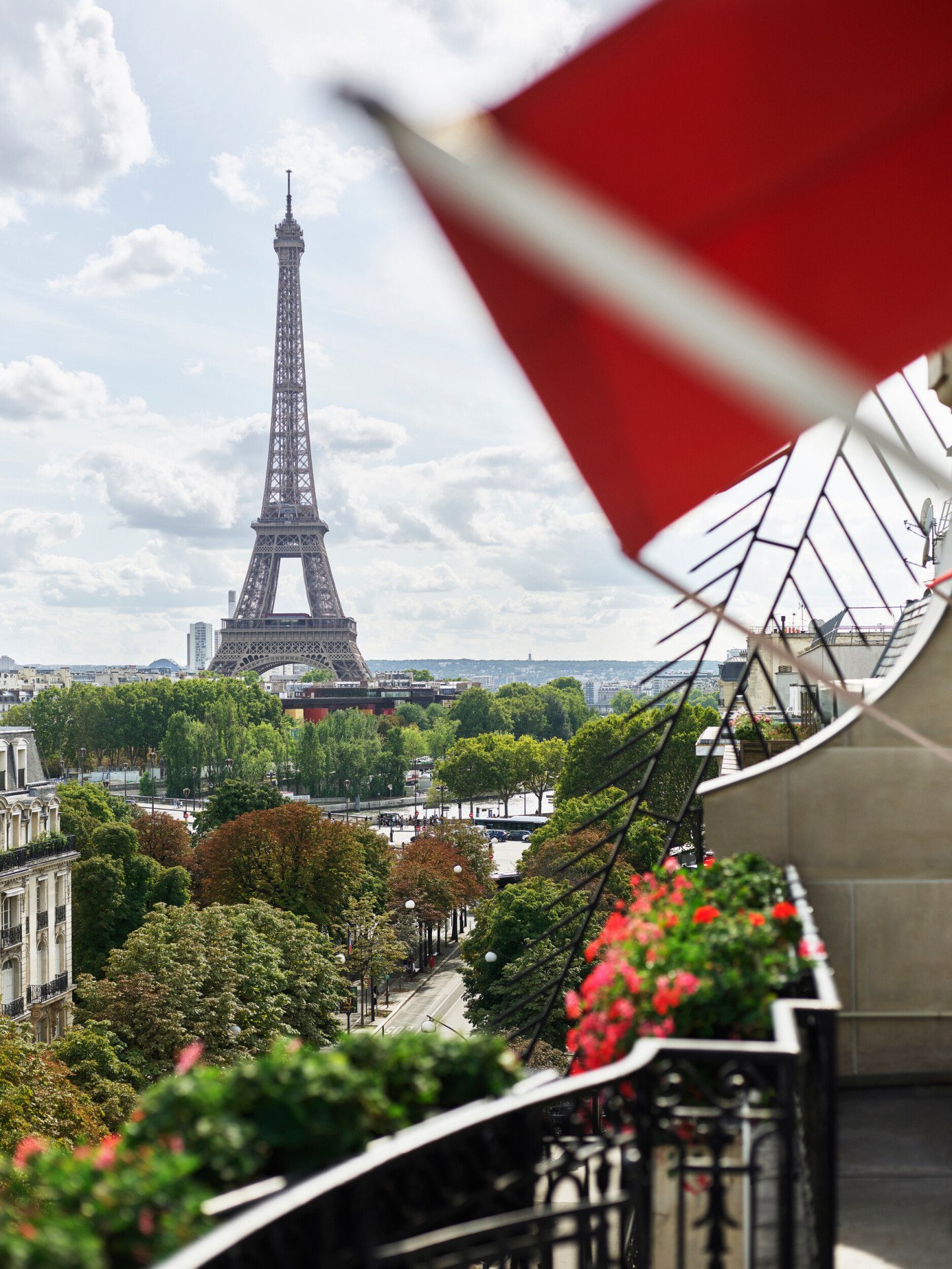 View of Eiffel Tower from balcony at Hôtel Plaza Athénée, Paris