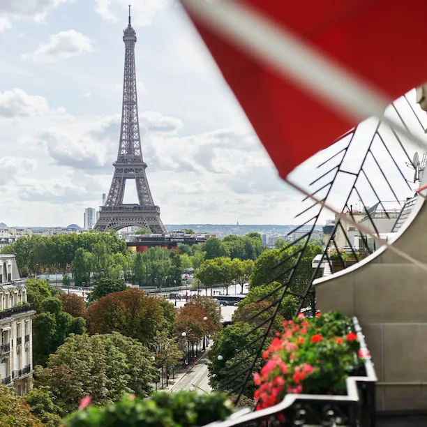 View of Eiffel Tower from balcony at Hôtel Plaza Athénée, Paris