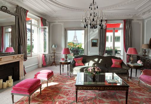 Haute Couture suite living room with view over Eiffel Tower in Hôtel Plaza Athénée, Paris