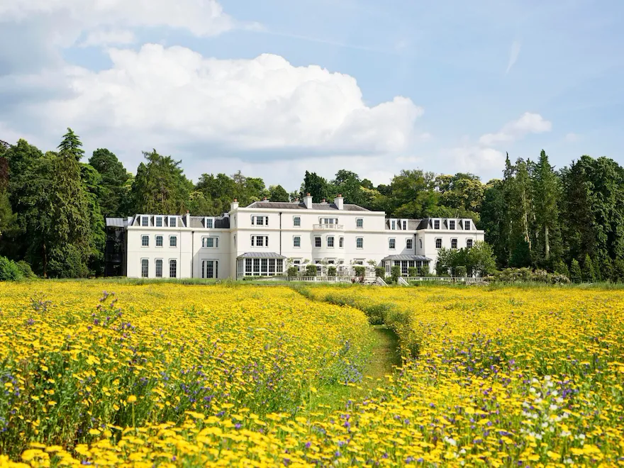 Exterior facade of Coworth Park with yellow wildflower meadow in front, Ascot