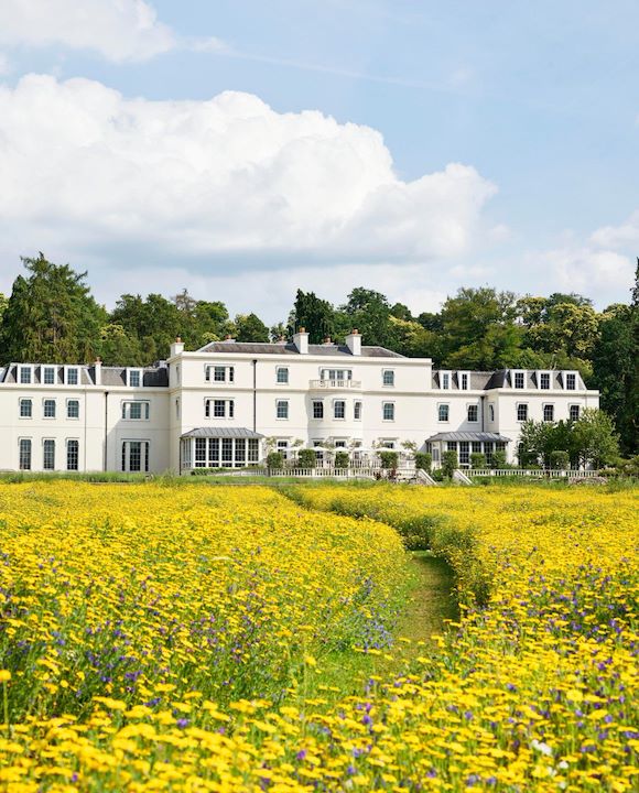 Exterior facade of Coworth Park with yellow wildflower meadow in front, Ascot