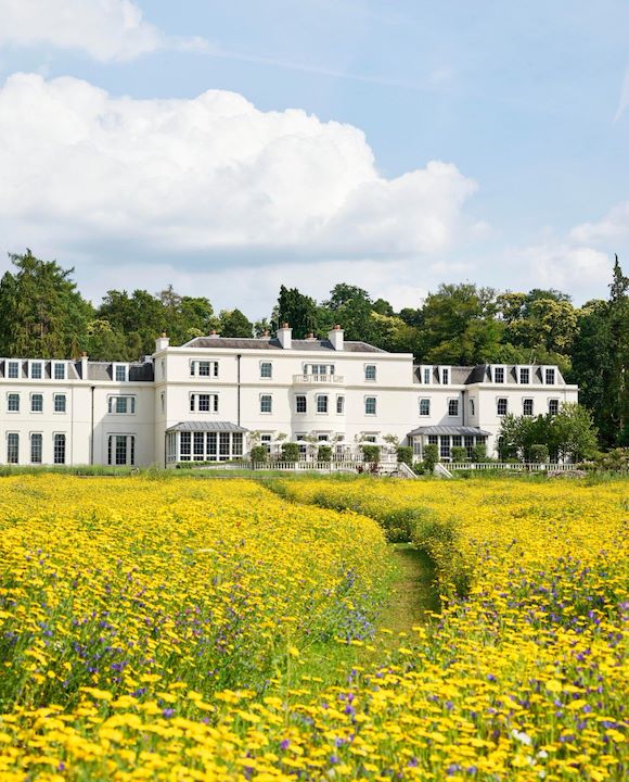 Exterior facade of Coworth Park with yellow wildflower meadow in front, Ascot