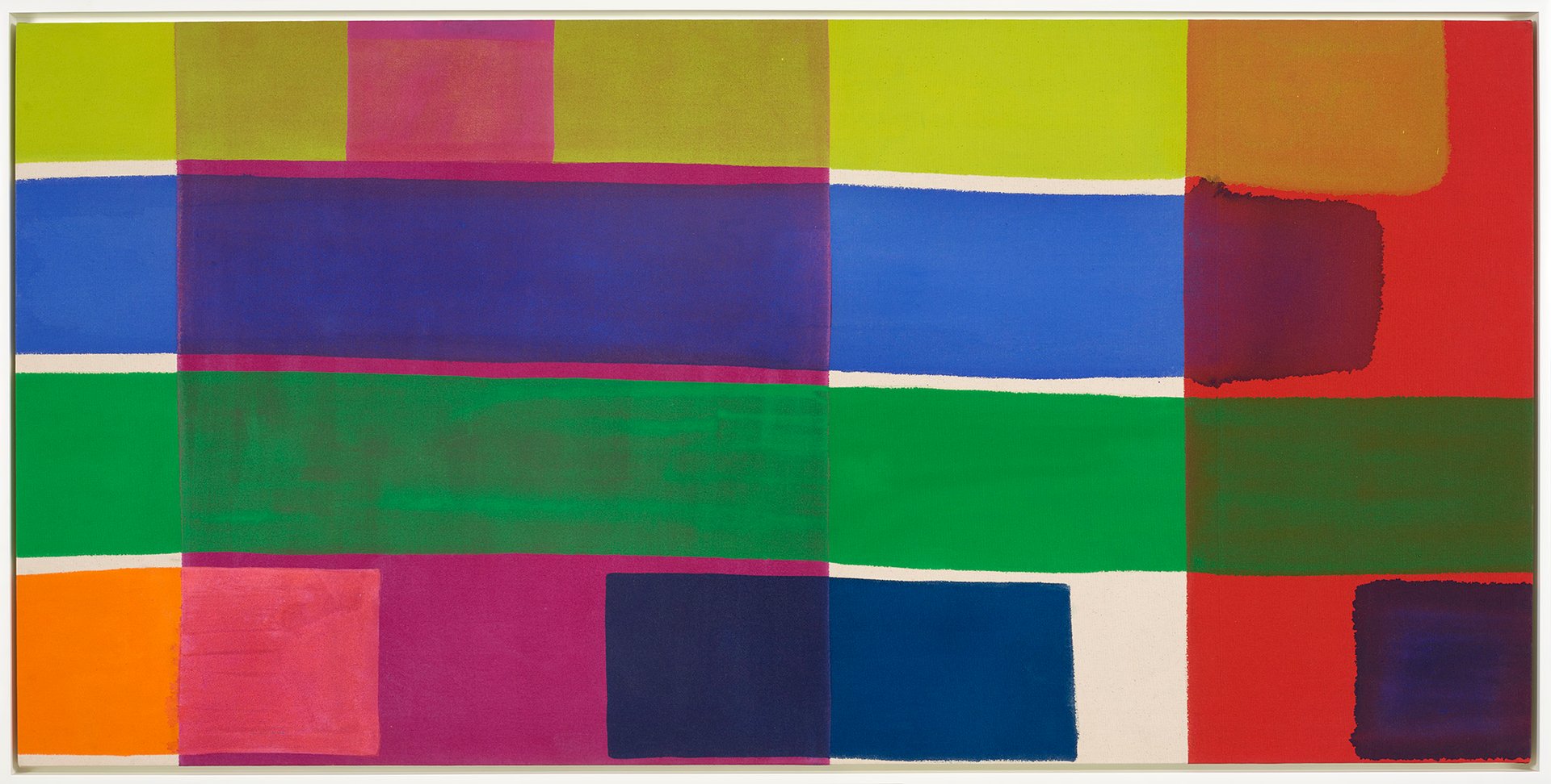 Colorful abstract painting with rectangular blocks and vibrant shades across a canvas.