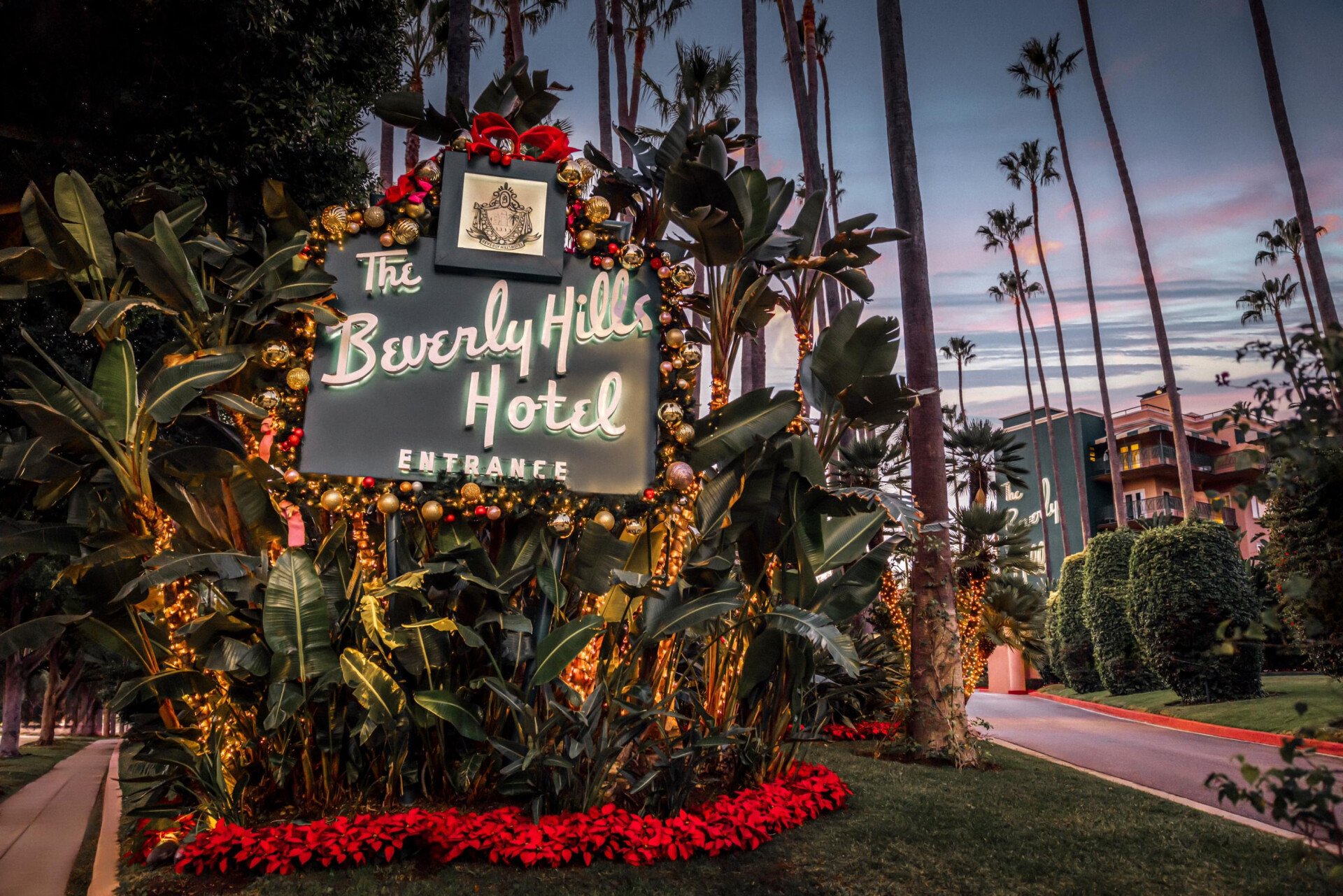 Front entrance sign with festive decorations 