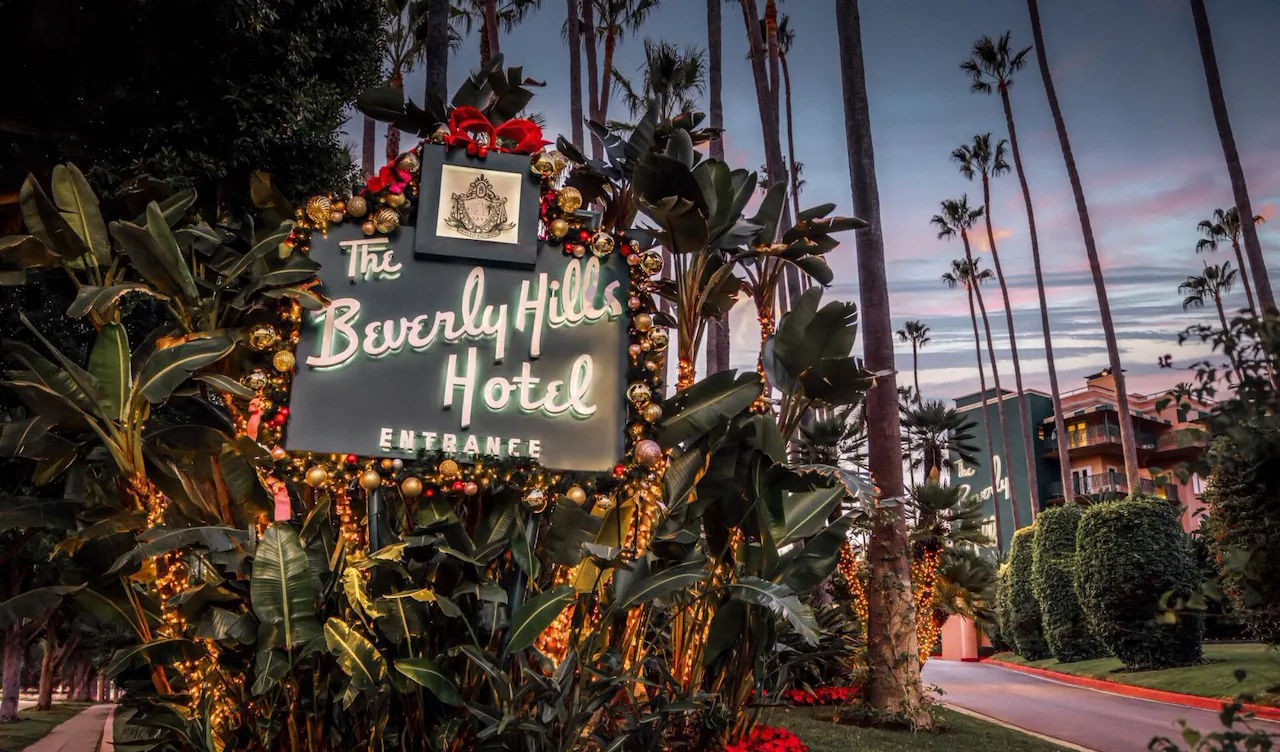 Front entrance sign with festive decorations
