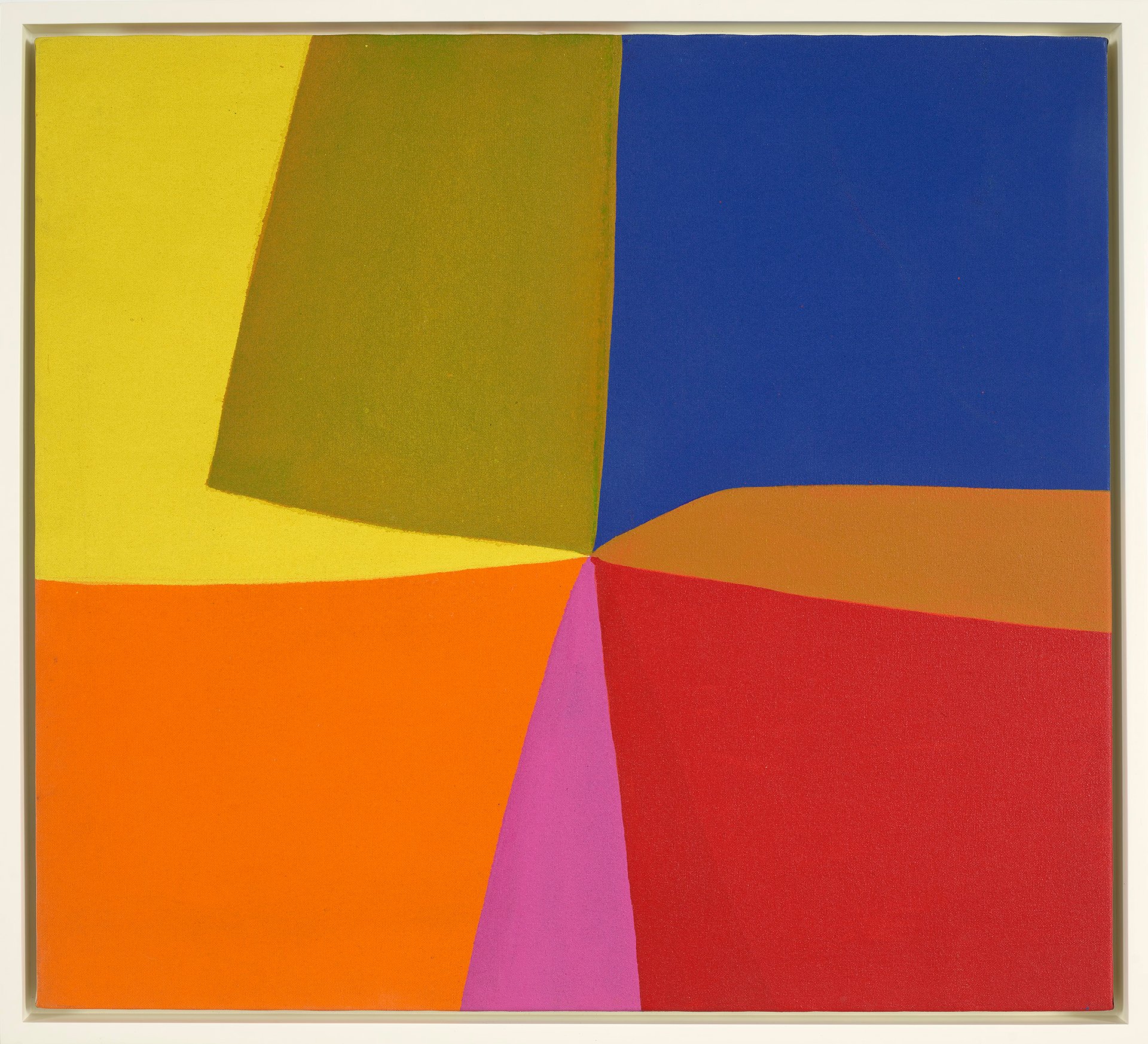 Abstract colorful geometric painting on a wall, vibrant mood, modern artistic setting.