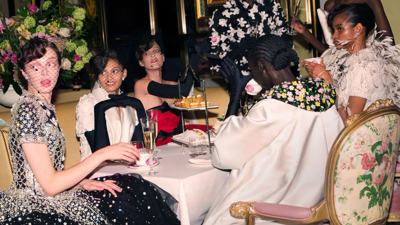 Female models enjoying aftrenoon tea experience at The Dorchester hotel.