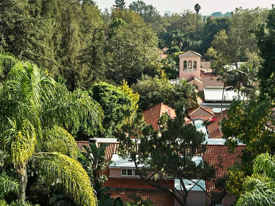 Aerial view of 12 acre estate in Los Angeles, Hotel Bel-Air