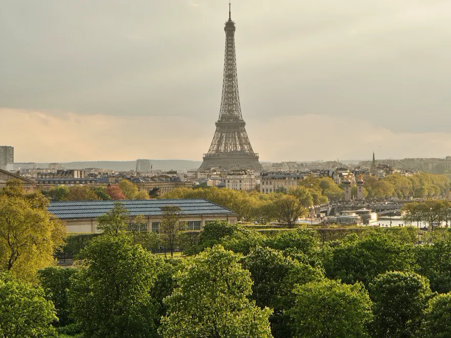 View from an Executive Suite on the Eiffel Tower behind the garden, at Le Meurice, Paris