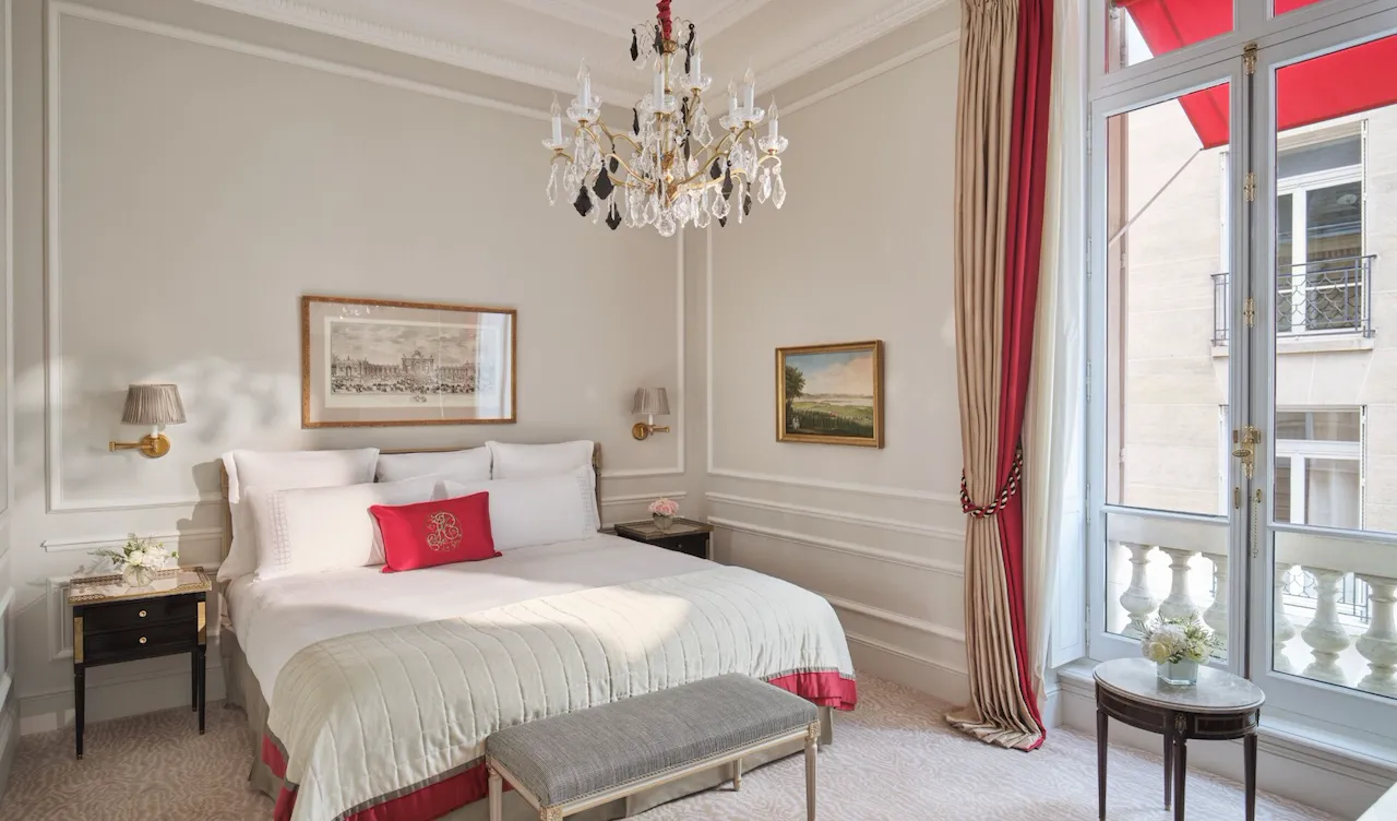 This is the bedroom of the Superior Suite #218 at the Plaza Athénée.