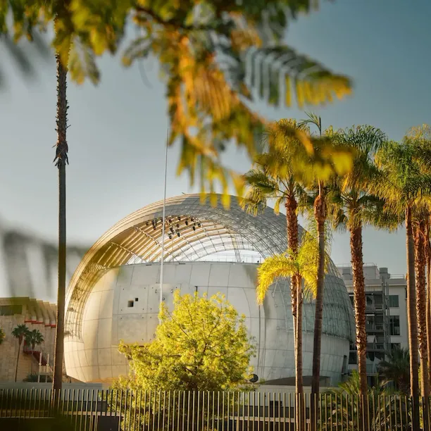Architectural exterior and palm trees around of the Academy of Motion Pictures Museum in Los Angeles