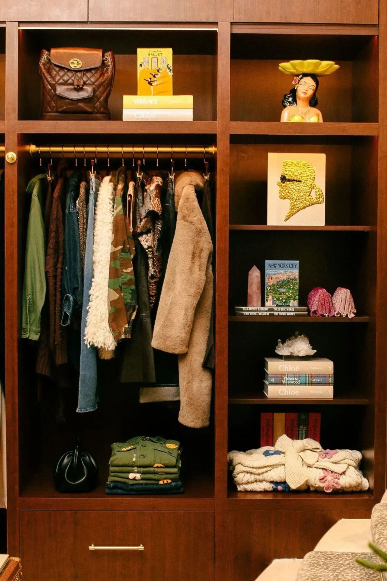 Vintage items displayed on wooden shelves