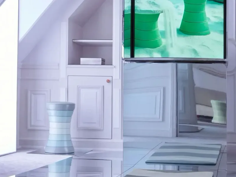 The pictures showcase Suite 1835, a limited-time immersive art installation created in collaboration with Things From. The suite is composed of a living room with four stools around a table, a meditation room with two yoga mats and an AI-generated work of art, and a bedroom with all the usual comforts of the suite. The photos show these three rooms with lighting effects, creating an immersive and futuristic atmosphere.