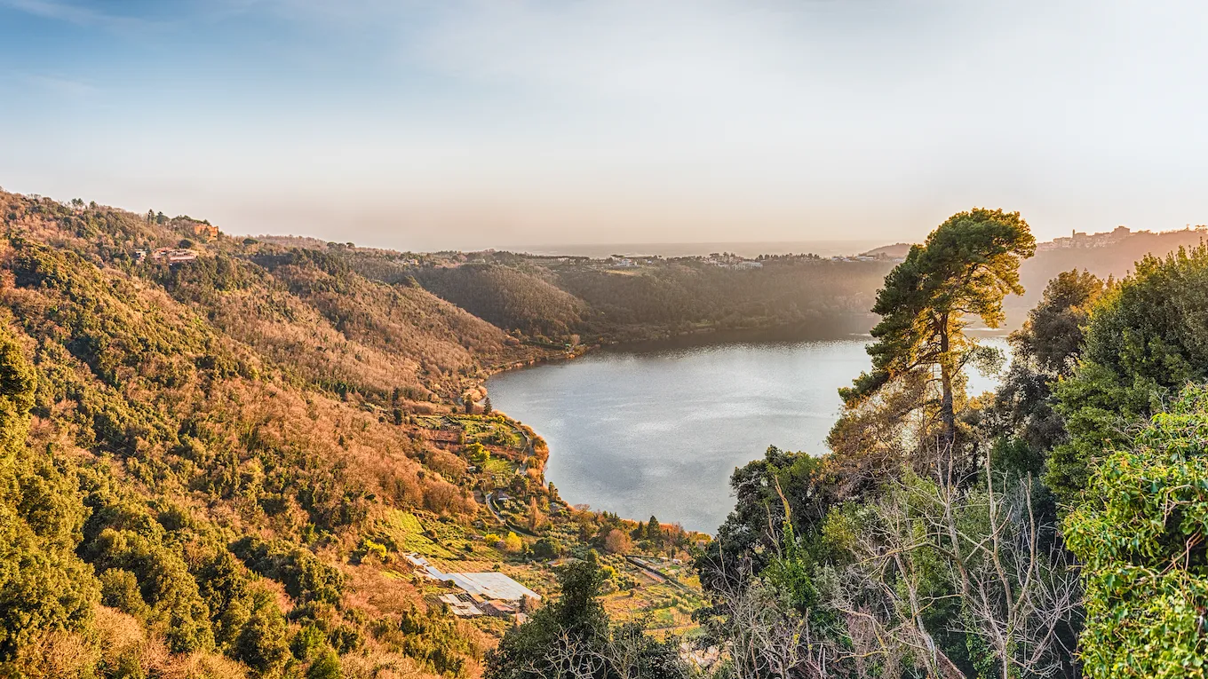 Lake Albano, small Italian volcanic crater lake in the Alban Hills of Lazio Italy near Rome