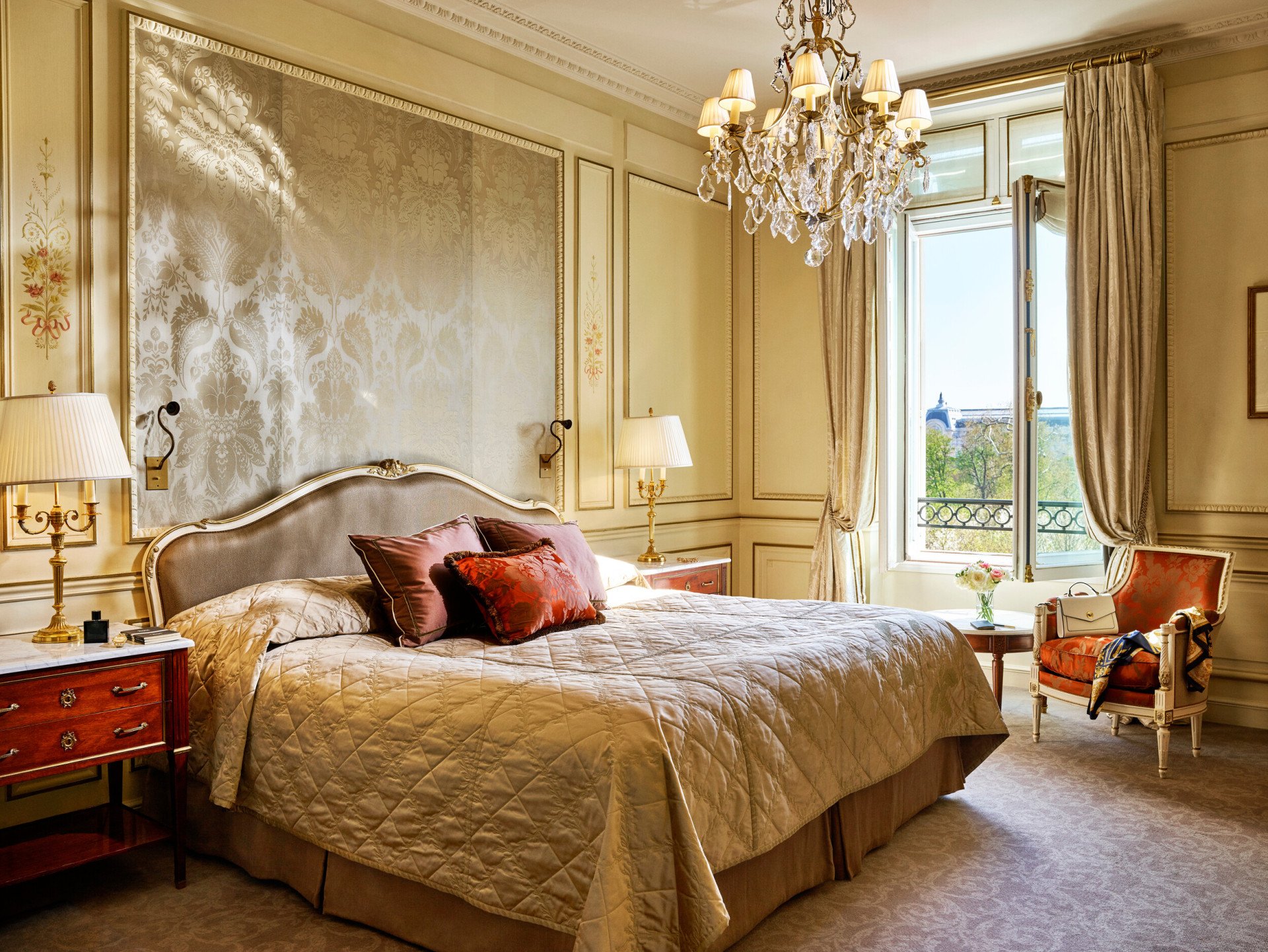 Closeup shot of the bedroom in the heritage suite with details at Le Meurice, Paris.
