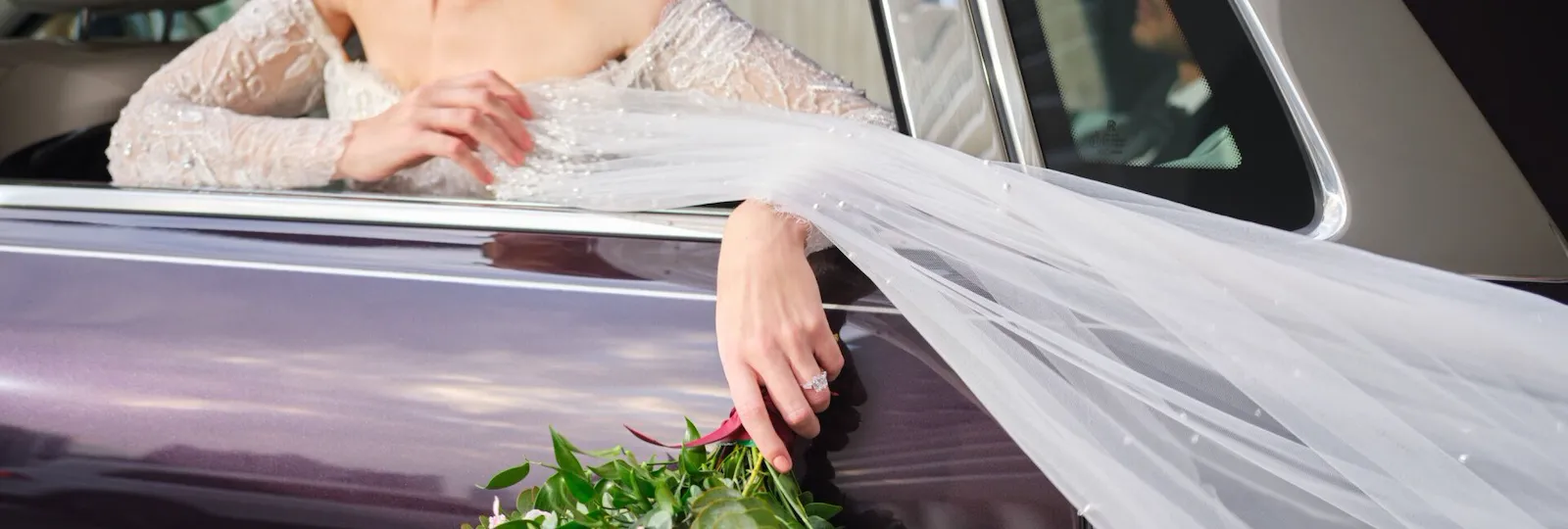 Images depict wedding day at The Lana, Dorchester Collection Dubai, including flower bouquet, wedding dress, newly married couple.