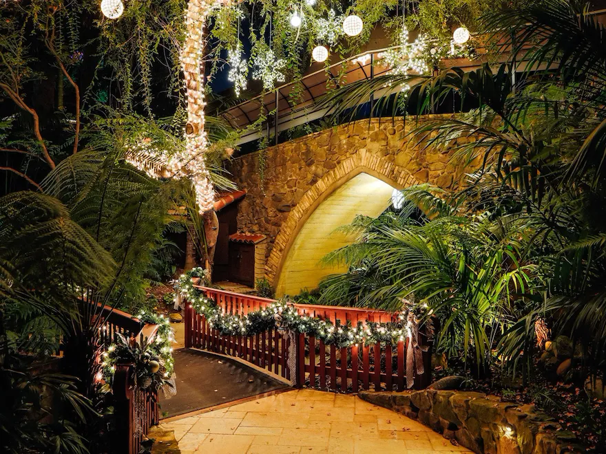 Festive bridge over swan lake at Hotel Bel-Air
