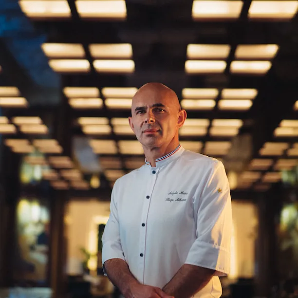 Portrait of Pastry chef Angelo Musa at Le relais Plaza, at Hotel Plaza Athénée, Paris