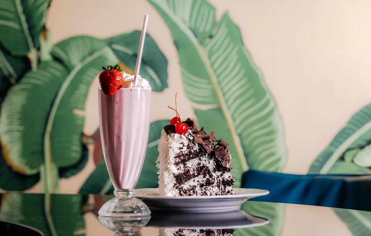 Coconut Cake and Strawberry Milkshake from the Fountain Coffee Room at The Beverly Hills Hotel