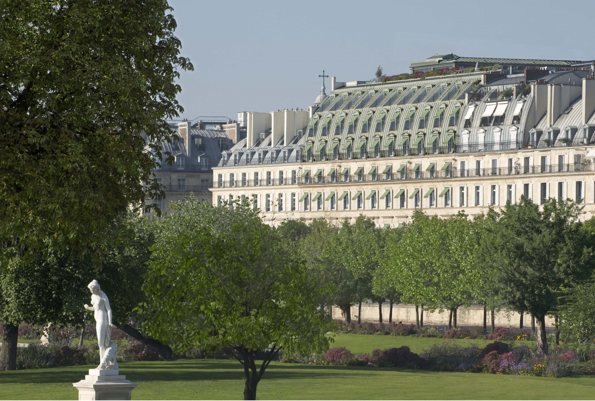 Le Meurice exterior facade from Tuileries Gardens, Paris