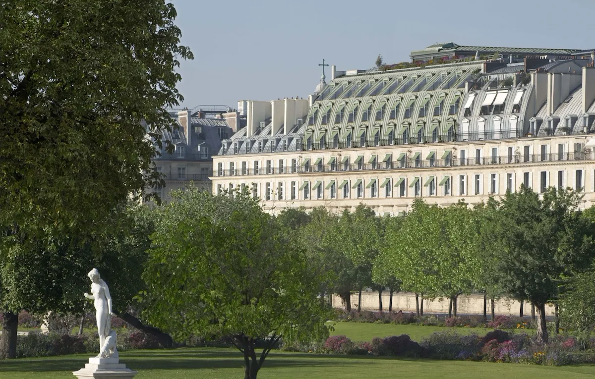 Le Meurice exterior facade from Tuileries Gardens, Paris