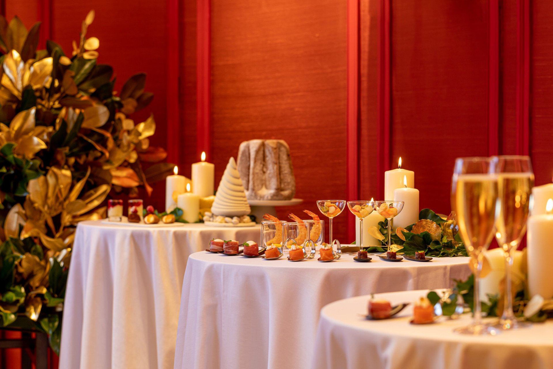 Christmas event buffet with canapes, champagne and pandoro at Sala Borghese at Hotel Eden, Rome