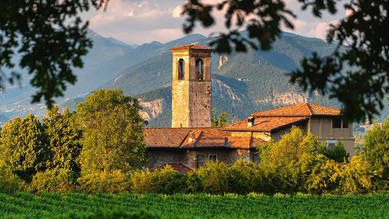 A vineyard and church in Franciacorta — in the Lombardy region of north Italy