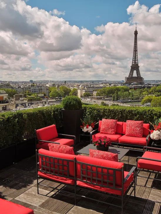 This is the terrace of the rooftop at the Plaza Athénée with a direct view on the Eiffel Tower.