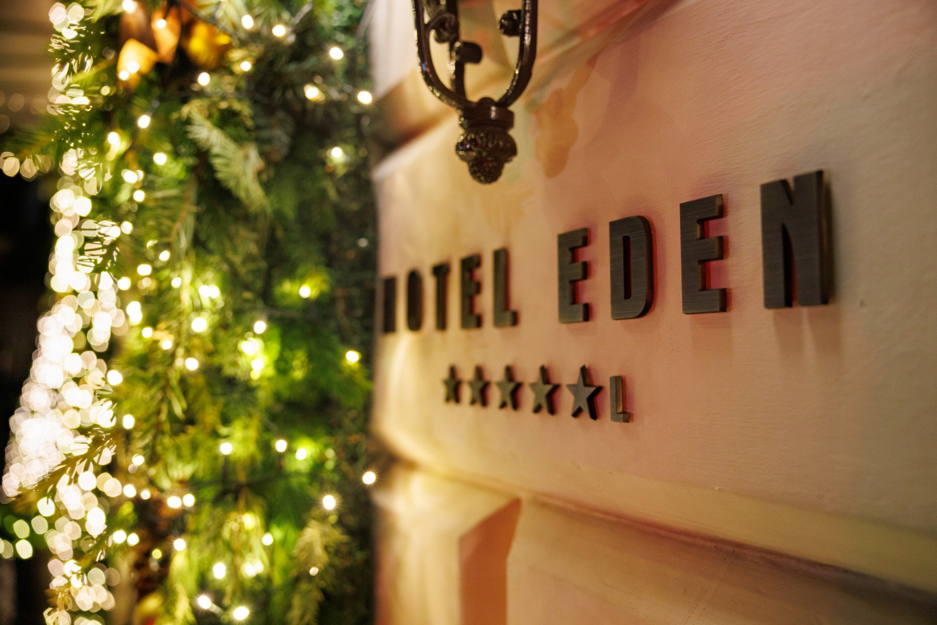 Detail of Hotel Eden facade with Christmas decorations