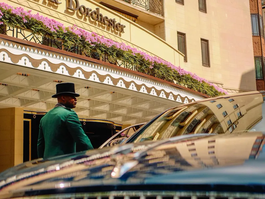 The Dorchester Bentley outside the front of The Dorchester.