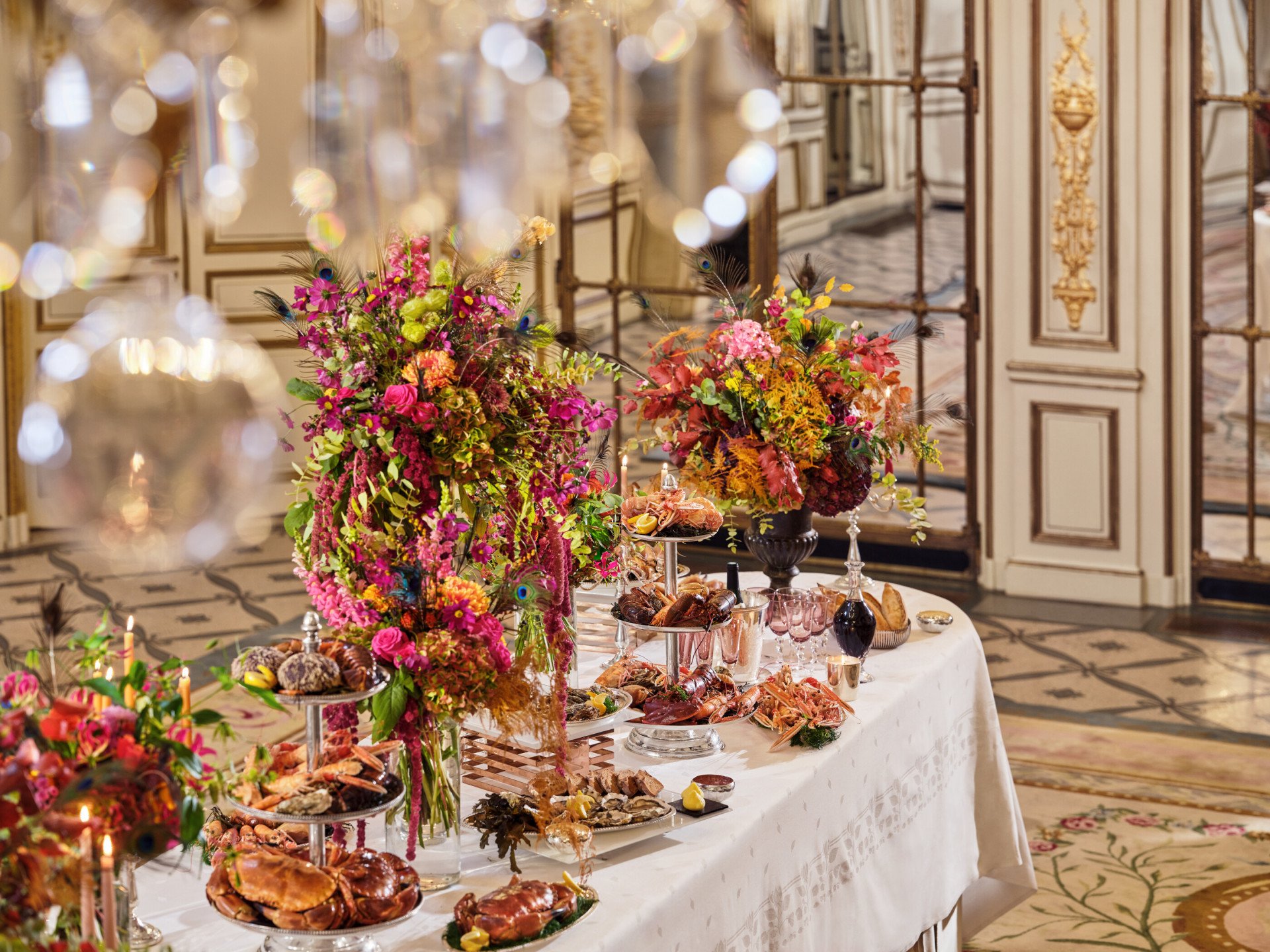 Detail of banquet, with flowers and food, captured in Le Salon Pompadour at Le Meurice, Paris - Dorchester Collection